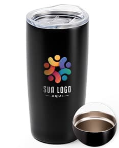 Produto: Copo Térmico 590ml em aço inoxidável, na cor preta, com tampa rosqueável e alça para segurar.