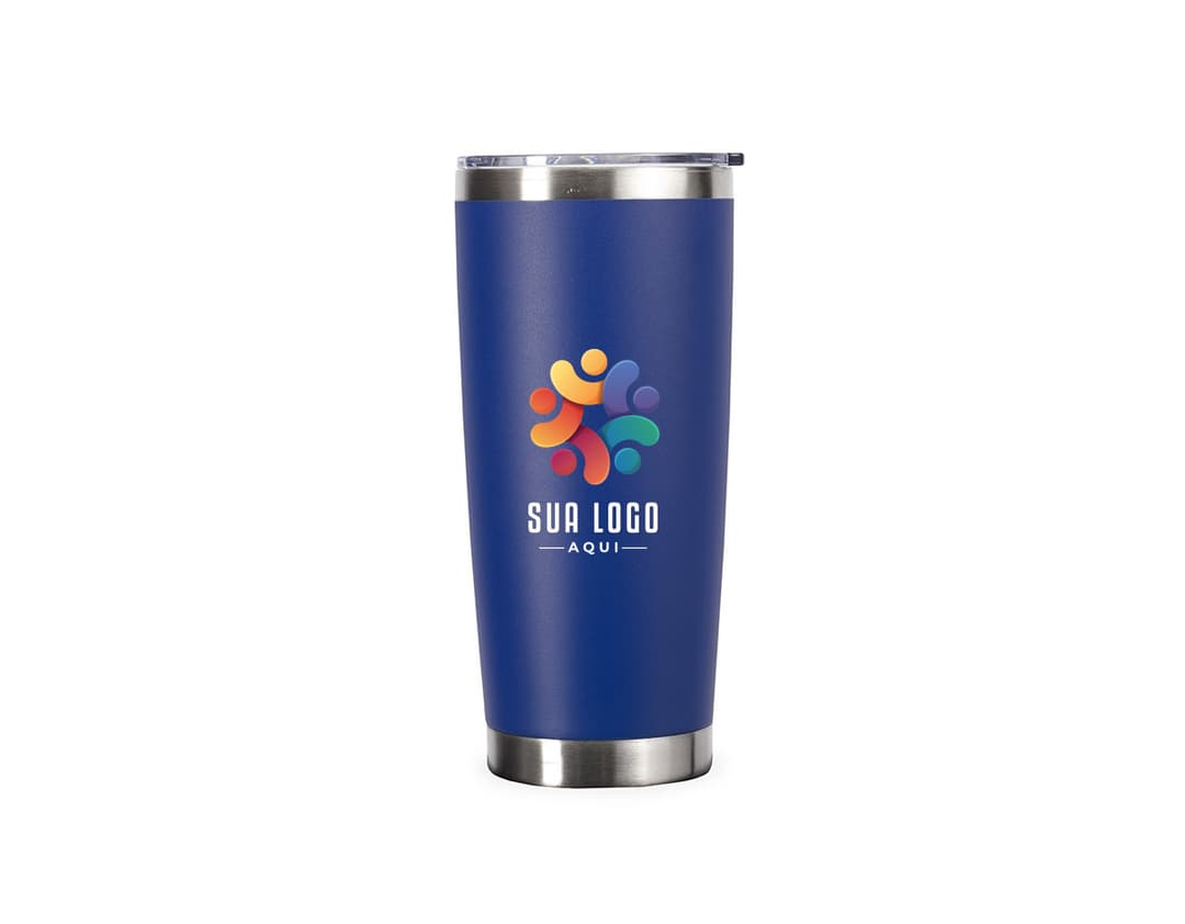 Copo térmico 500ml na cor azul, feito de aço inoxidável com tampa e alça.