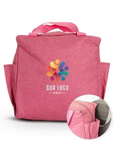 Bolsa térmica prateada, com zíper e alça para transporte.