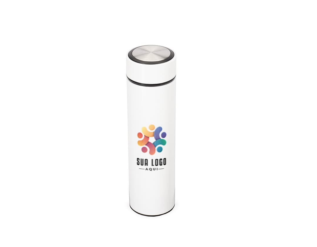 Garrafa térmica 500ml de cor prata com tampa rosqueável e design moderno.