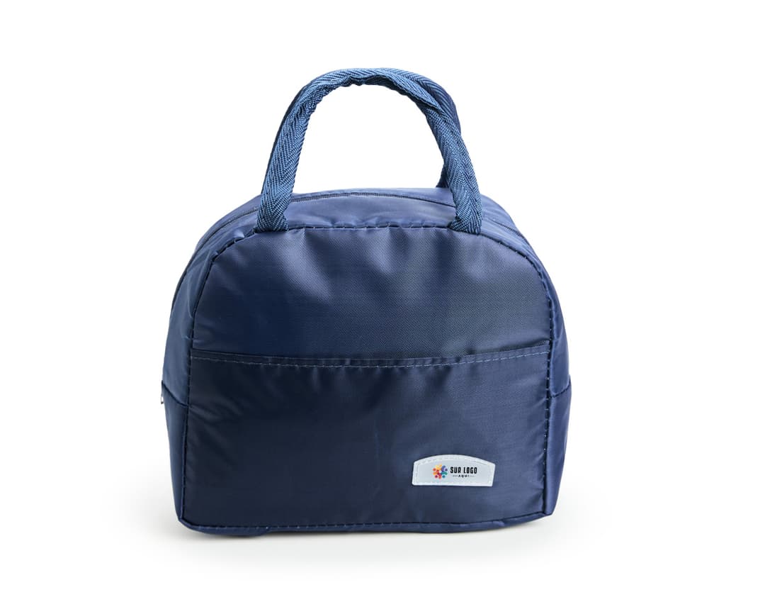 Bolsa térmica de 5 litros, na cor azul marinho, com alça e fecho lateral.