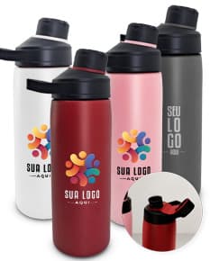 Garrafa térmica de 600ml em metal, com tampa e design elegante. A garrafa possui uma etiqueta e está vazia, pronta para armazenar líquidos quentes ou frios. A superfície é brilhante e reflexiva, garantindo a conservação da temperatura do líquido por mais tempo. O produto é ideal para manter-se hidratado durante viagens, atividades ao ar livre ou no dia a dia.