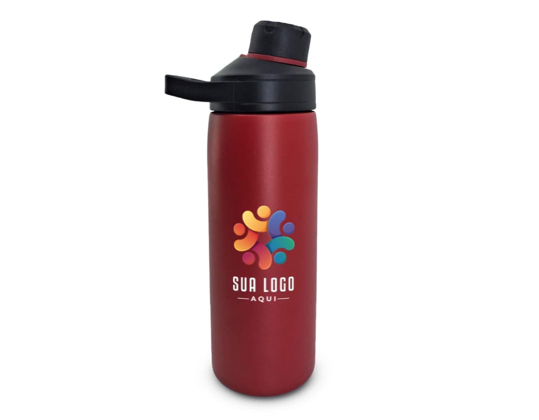 Garrafa térmica de 600ml em metal, com tampa e design elegante. A garrafa possui uma etiqueta e está vazia, pronta para armazenar líquidos quentes ou frios. A superfície é brilhante e reflexiva, garantindo a conservação da temperatura do líquido por mais tempo. O produto é ideal para manter-se hidratado durante viagens, atividades ao ar livre ou no dia a dia.