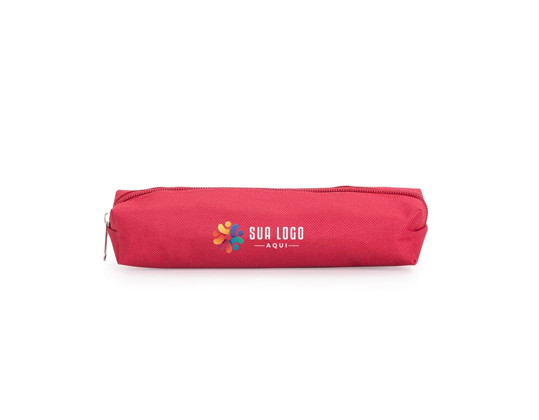 Estojo de nylon marrom com detalhes em couro, design elegante, fecho de correr, ideal para armazenar materiais de escritório, dinheiro, documentos e acessórios pessoais.