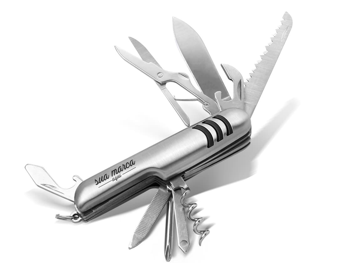 Um canivete multifuncional com 9 ferramentas em 1: ideal para cortes, reparos e diversas atividades do dia a dia. Aço inoxidável, resistente e afiado. Perfeito para uso em casa, na cozinha ou em viagens. Adquira já o seu!