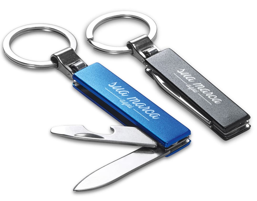 Chaveiro de metal com canivete - 03: Prático e versátil, ideal para cortes rápidos e precisos. Perfeito para o dia a dia no escritório ou em viagens. Garanta já o seu!