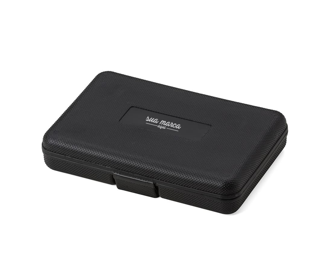 Kit ferramenta 11 peças preto e prata para escritório e negócios. Ideal para guardar chaves, objetos e acessórios eletrônicos com segurança. Equipamento moderno e compacto. Perfeito para organizar e armazenar dados e informações importantes. Adquira já o seu!