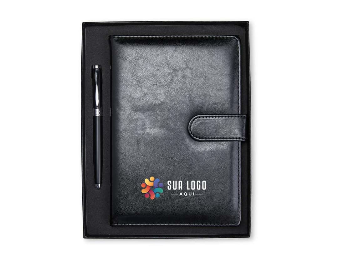 Kit Executivo 2 Peças: inclui uma pasta de couro marrom e uma caneta de luxo prateada.
