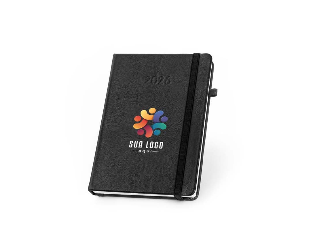 Agenda B5 em PU 2026 em cores cinza e preto, com fechamento de elástico e detalhe dourado na capa.