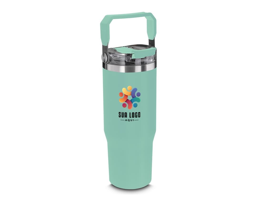 Garrafa térmica de 900ml na cor prata, com tampa rosqueável e alça para fácil transporte.